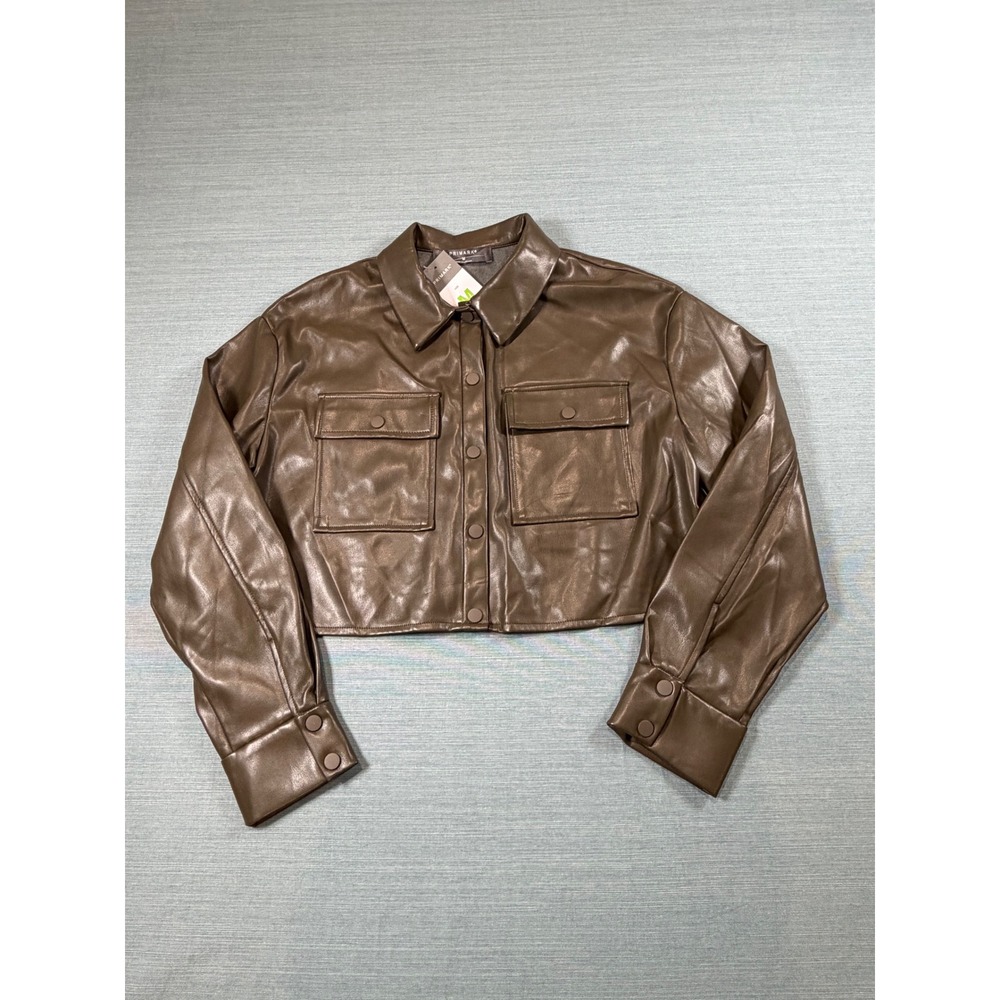 Primark Womens Brown Faux Leather Cropped Jacket Button Front Size M NWT